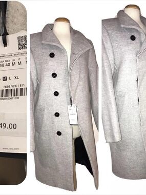 NWT Zara Gray Double Breasted Black Big Button Long Trench Coat w/ Pockets